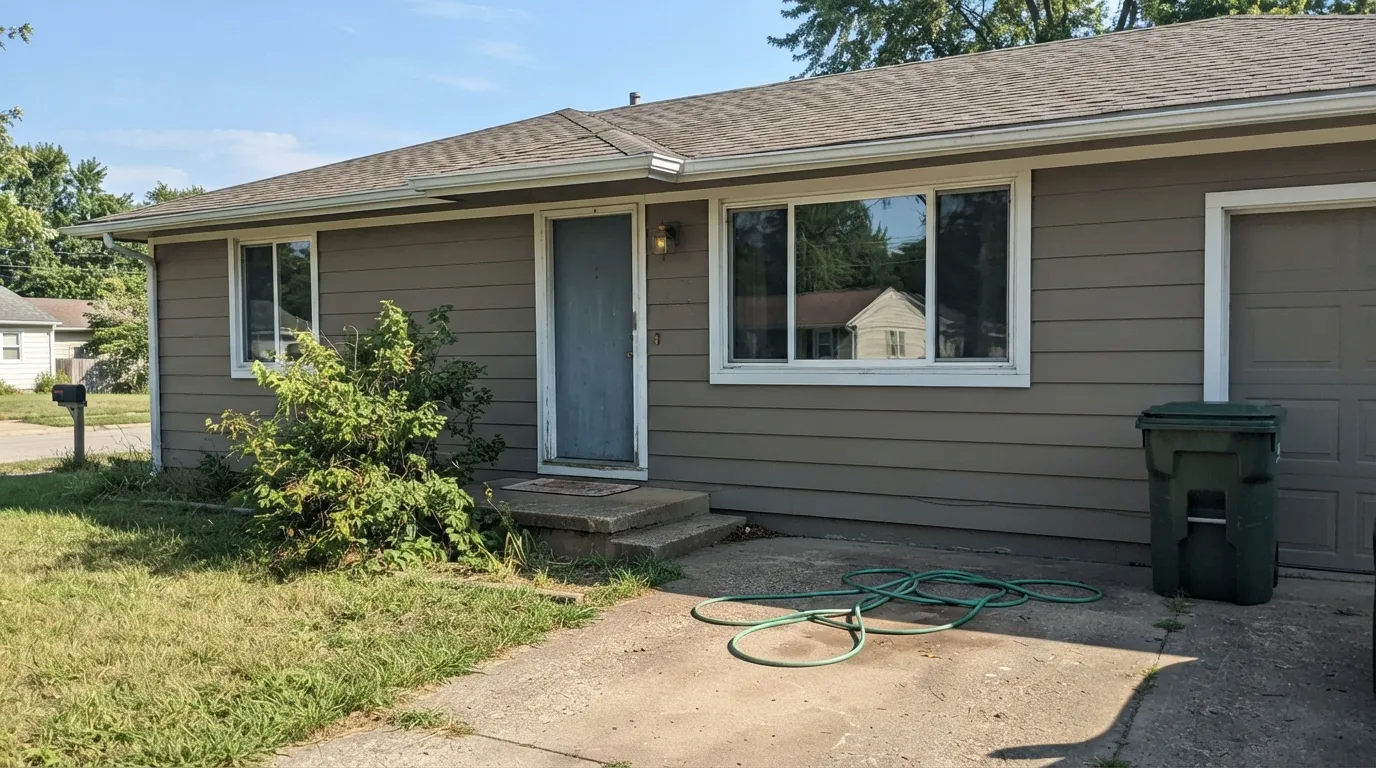 Fawn Brindle siding in full sun with white trim — the classic flip-house exterior, warm and grounded, never flat.