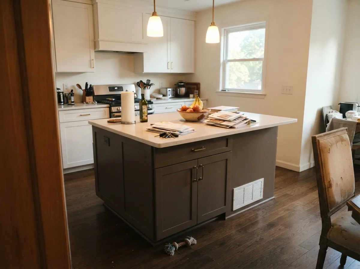 The kitchen island move — one piece carries the depth, the white perimeter keeps the room feeling open.