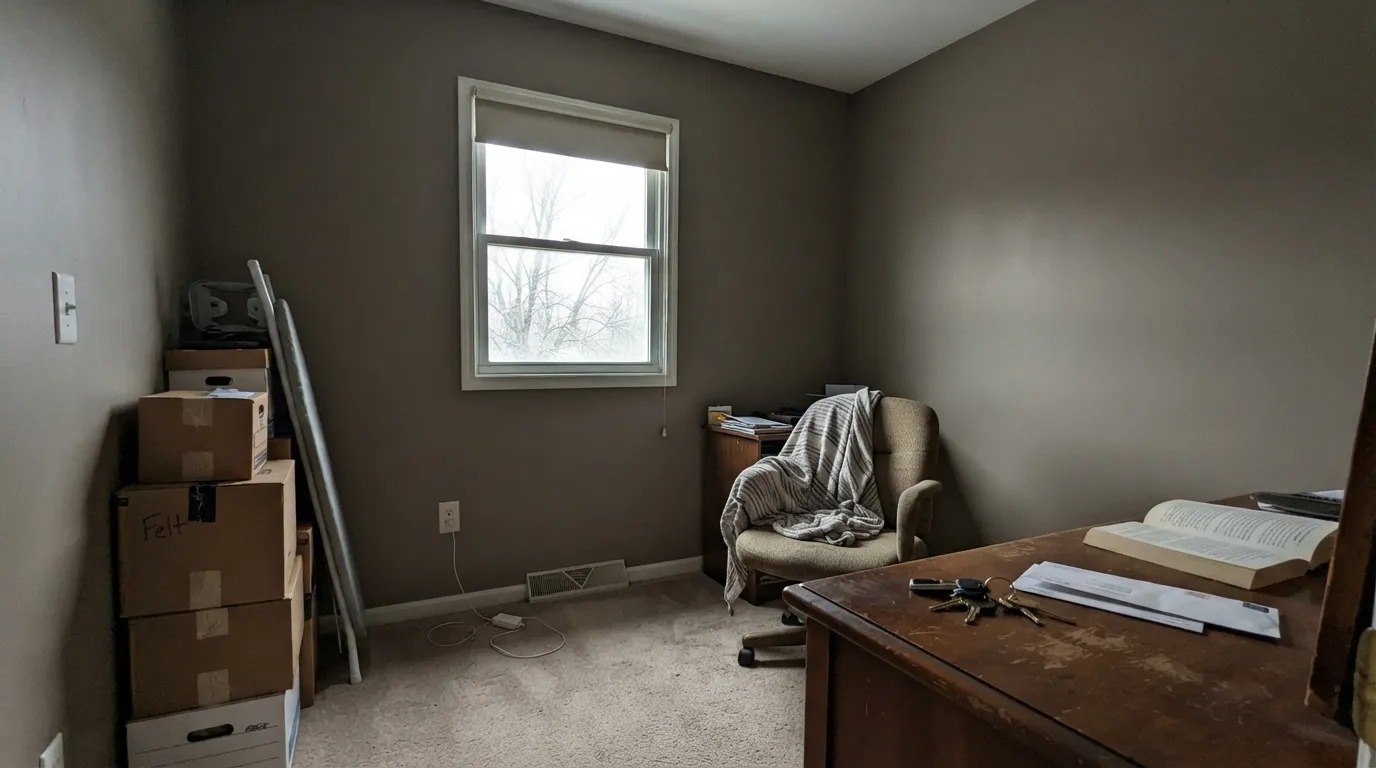 The honest shot: a small room, one window, no lamps. The depth that reads cozy in daylight goes heavy and suffocating here — sample big before committing.