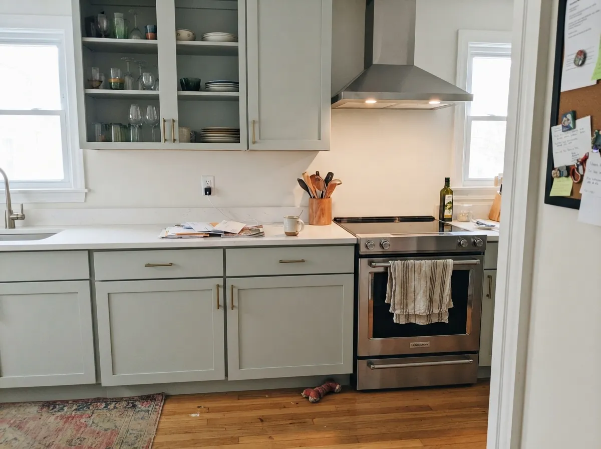 Its strongest room: Filmy Green cabinets against white counters and brass hardware, calm instead of trendy.
