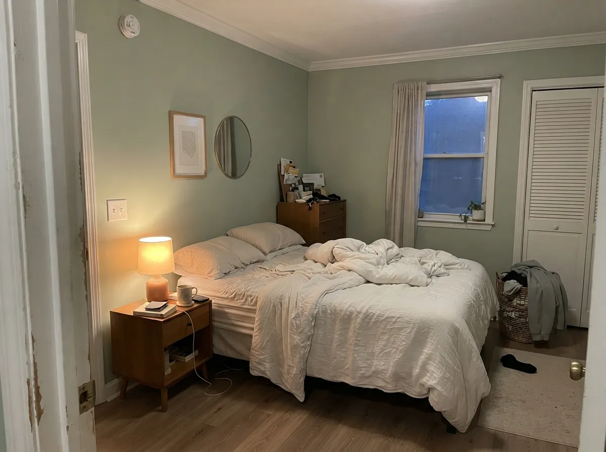 Under warm evening lamplight the green holds — the exact condition most owners recommend this color for.