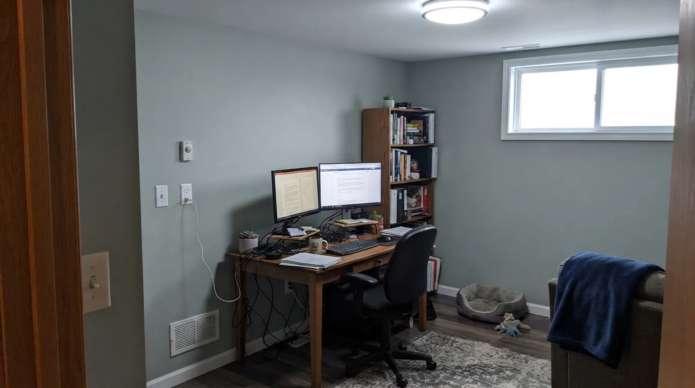 The honest shot: cool north light and cold LEDs strip the green out entirely, leaving the plain gray reviewers who expected sage complain about.