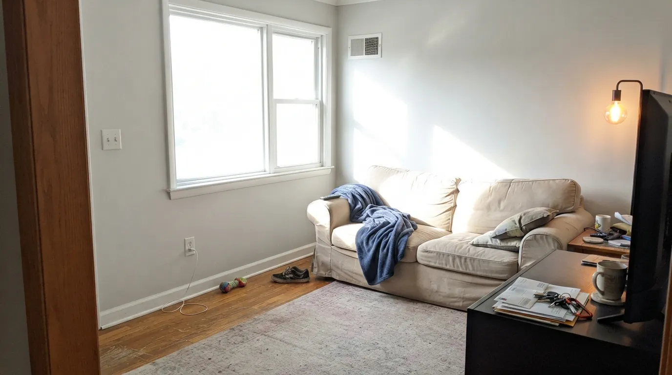 The honest shot: in direct all-day sun the little color in First Star bleaches out and the walls read like unpainted drywall.