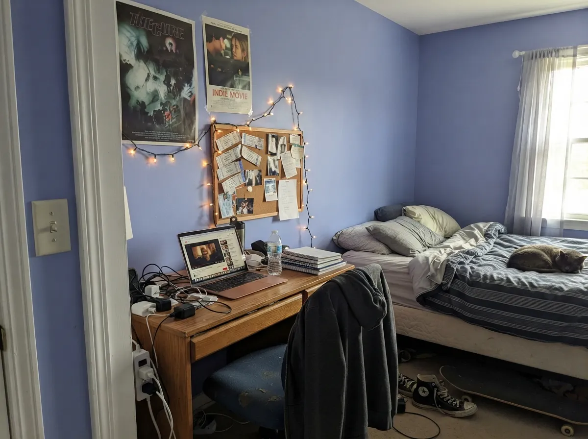 The teen-room answer: purple that reads calm and grown-up rather than babyish, and dark enough that posters and clutter don't fight it.