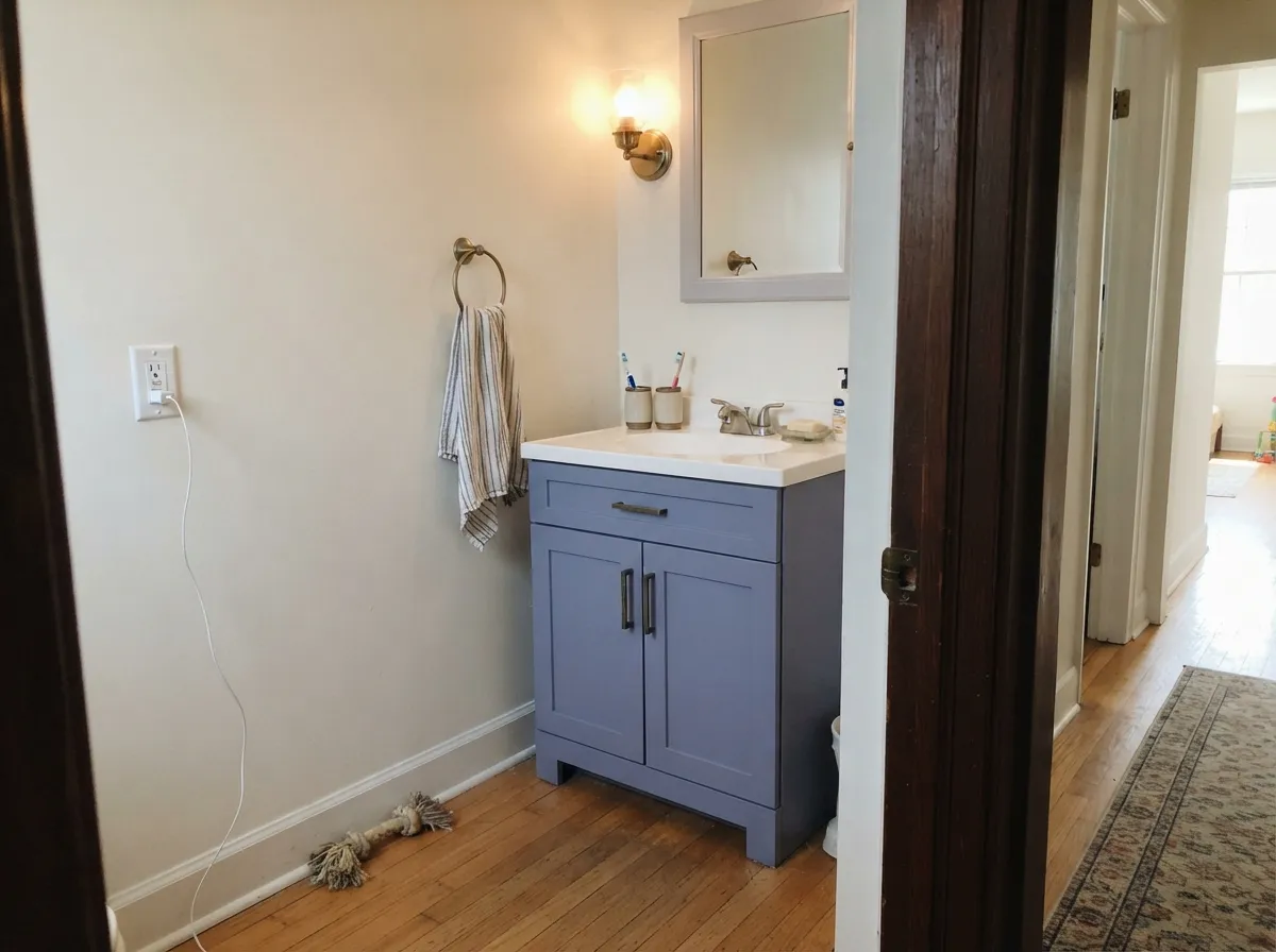 The small-dose move: satin Forget-Me-Not on the vanity against Snowbound walls, warmed by brass — where the color looks most expensive for the least commitment.