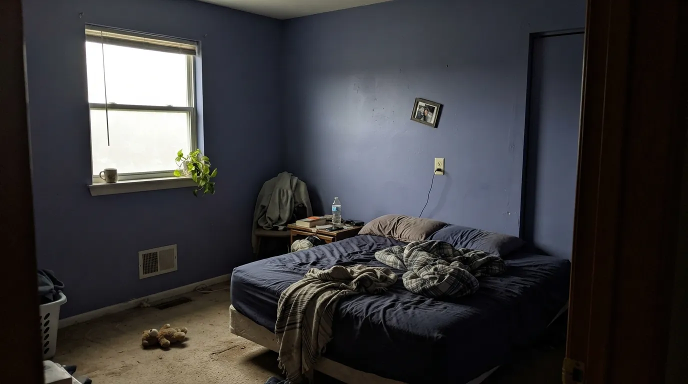 The honest shot: at LRV 16 in dim north light the saturation drains away and Forget-Me-Not reads as flat gray slate — nothing like the spring lilac the name suggests.