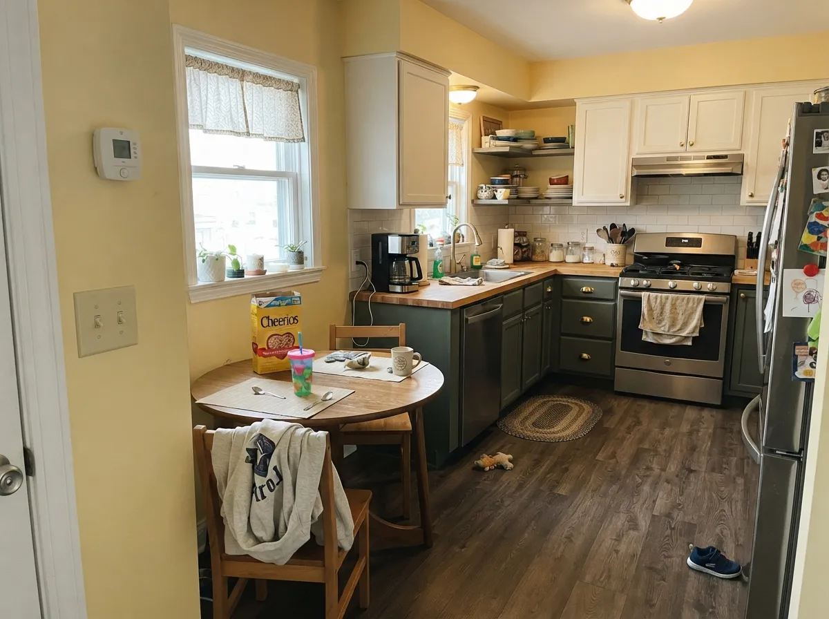 Its most natural room — butter walls over Dried Thyme cabinets, the old farmhouse pairing that reads harmonious instead of decorated.