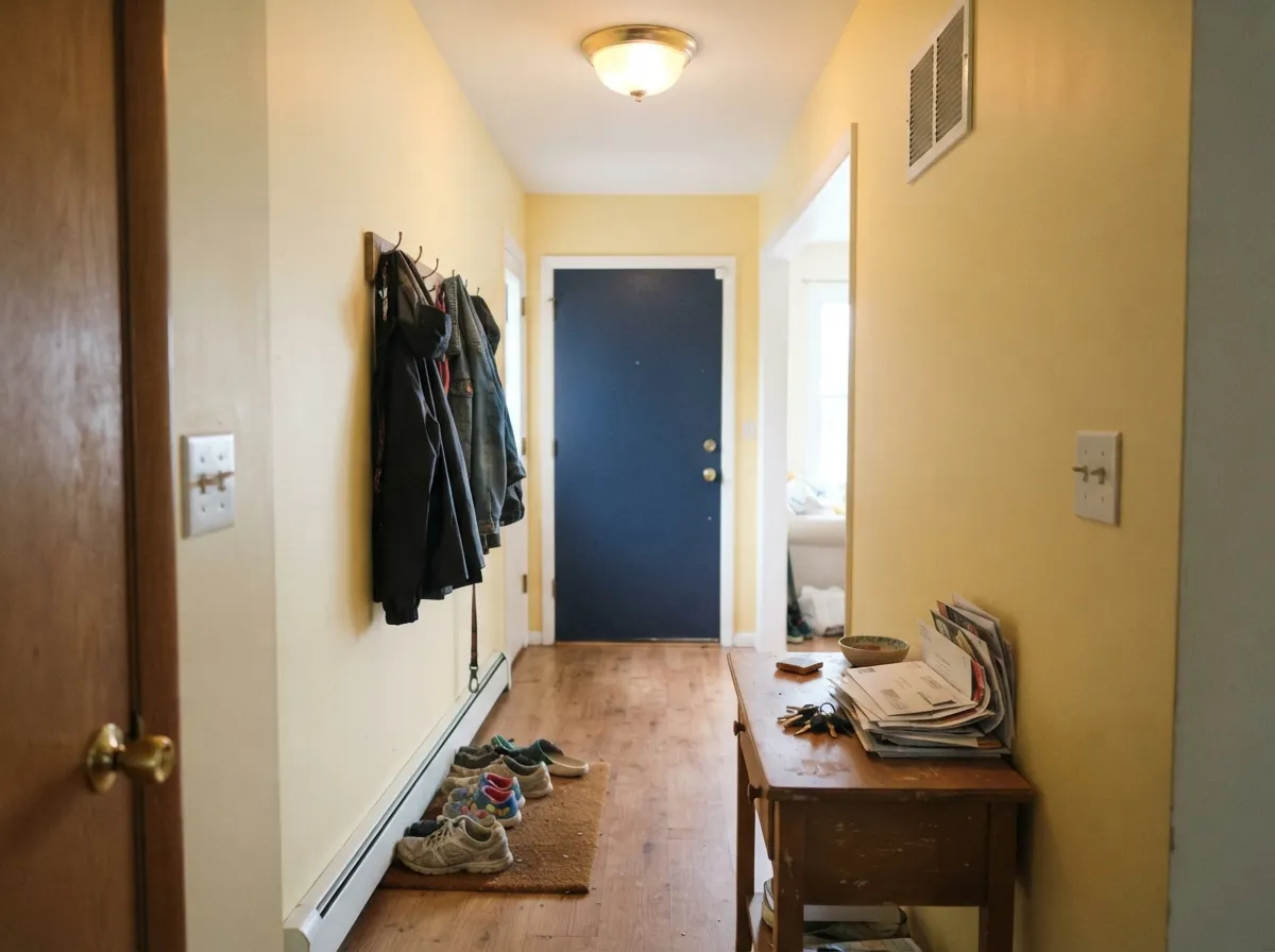 Windowless halls are where a high-LRV warm color earns real money — it makes the space feel lit, not just painted, and the navy door keeps the gold from taking over.