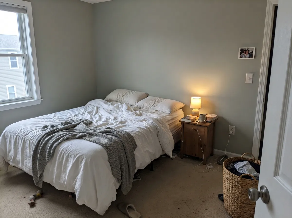 Morning east light keeps it fresh and clearly green — a quiet forest-glade bedroom, not a saturated one.