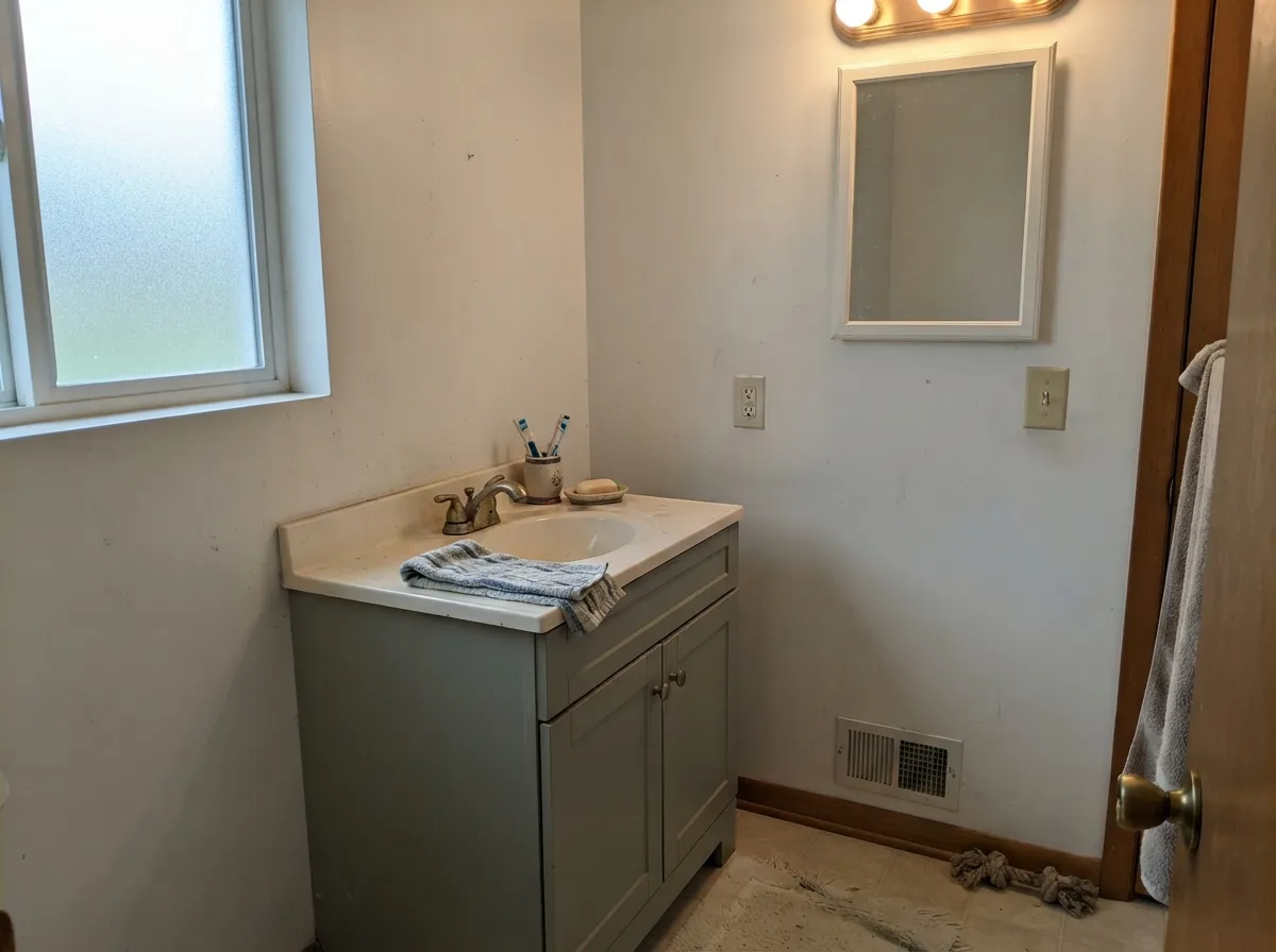 Paired with Sea Salt walls, the vanity reads spa-quiet — two green-grays a shade apart, not fighting each other.