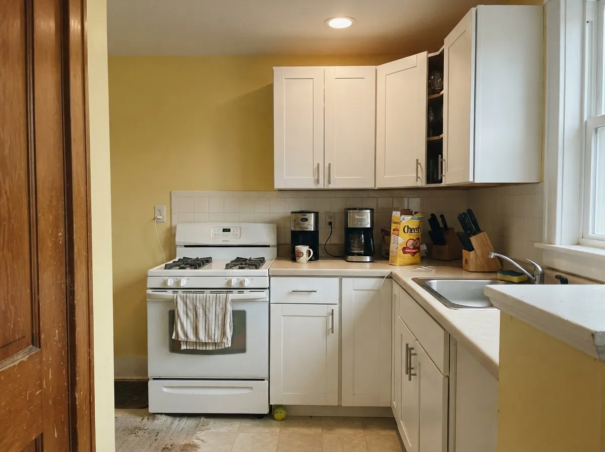 Yellow walls over plain soft-white cabinets — an old kitchen idea that still works, as long as nothing else in the room is golden.