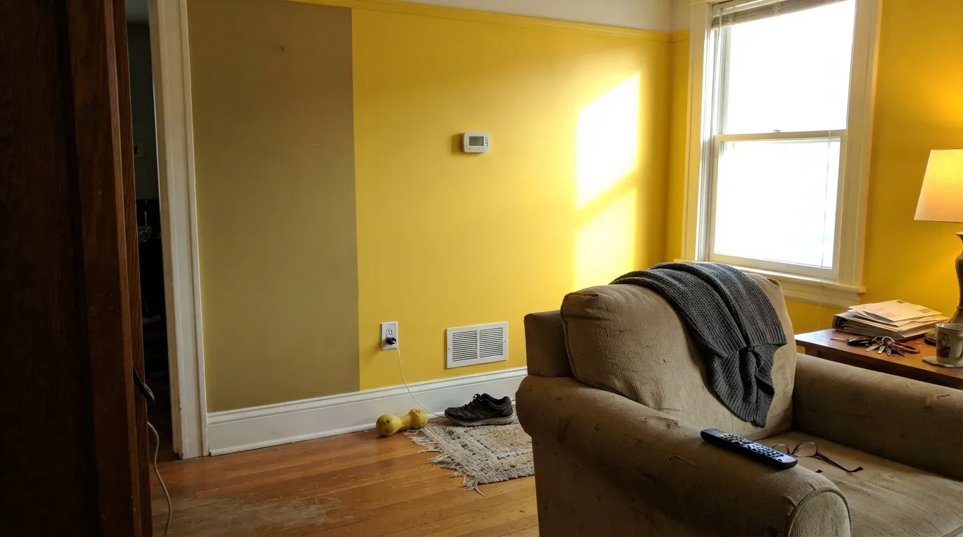 The honest shot: a direct late-afternoon sunbeam turns it banana and bounces yellow onto the white trim — the same wall reads as two different colors at once.