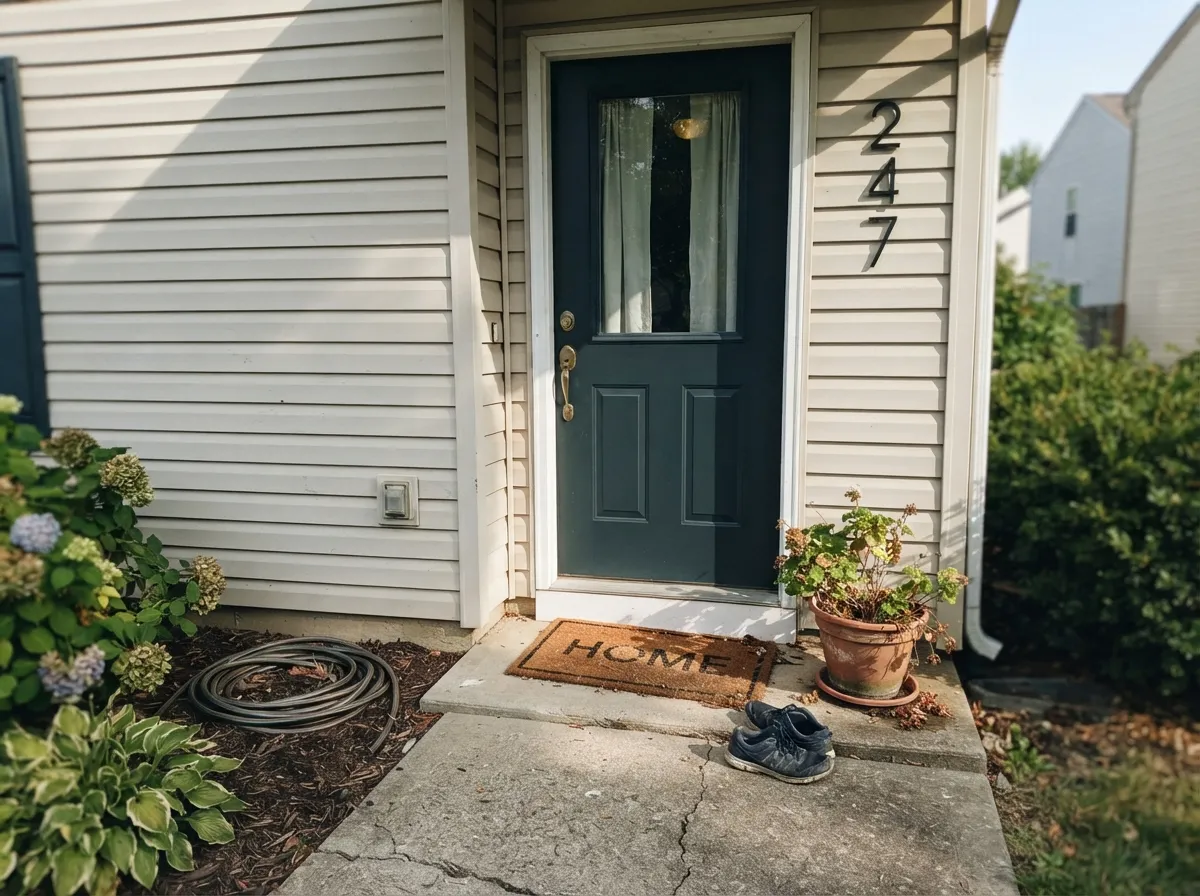 Full sun brings the blue-green out on the front door — the exact light this color is built for.