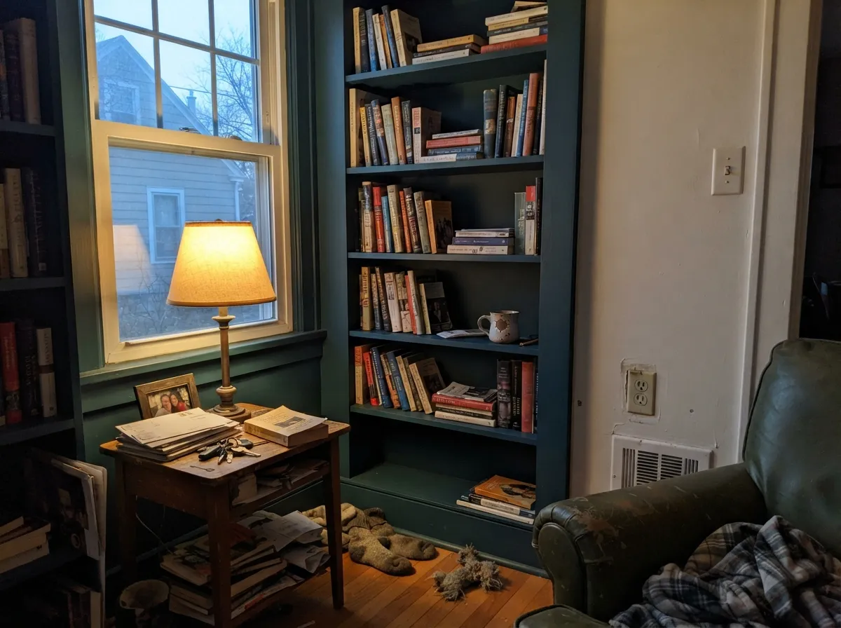 Built-ins near a window read jewel-toned and sophisticated once the evening lamps come on — this is the color's other natural home.