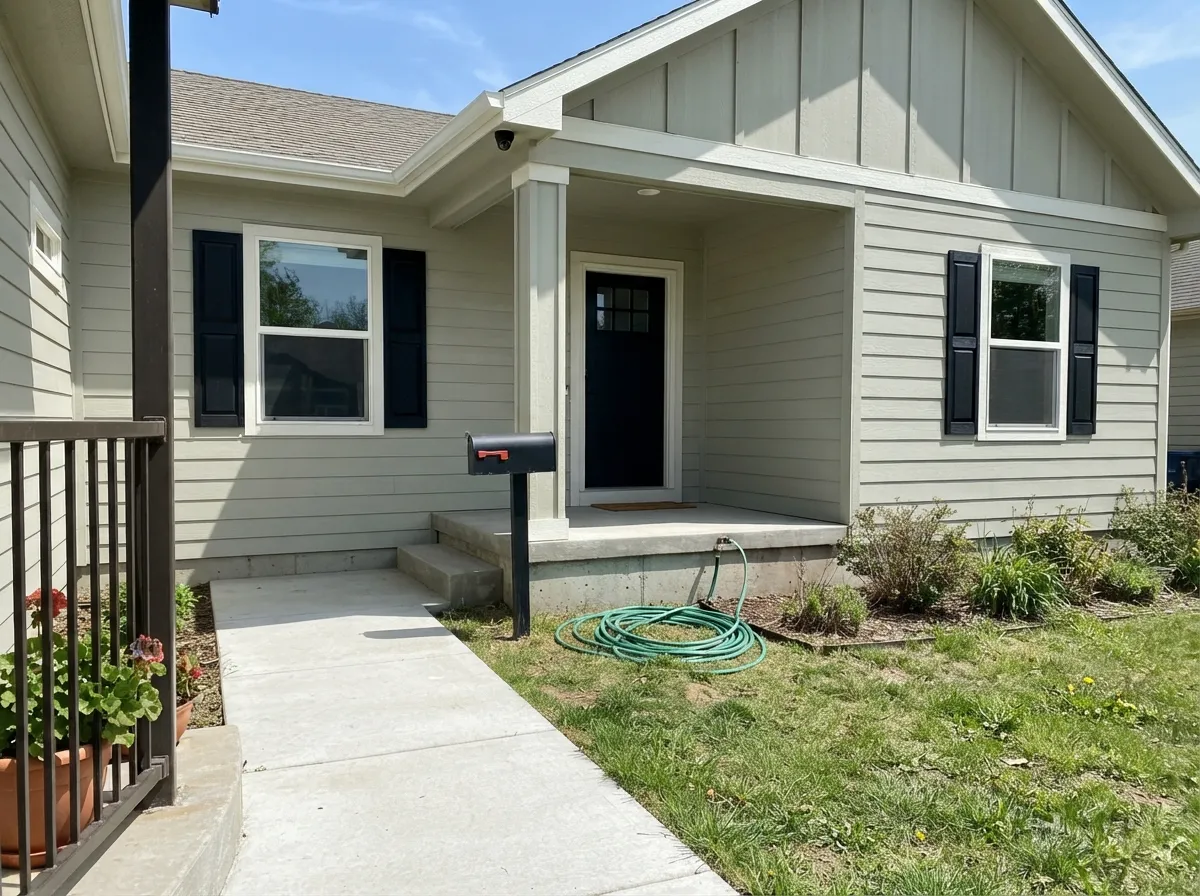 The job it's most photographed for: exterior siding in full sun, paired with a true white trim and black door and shutters.