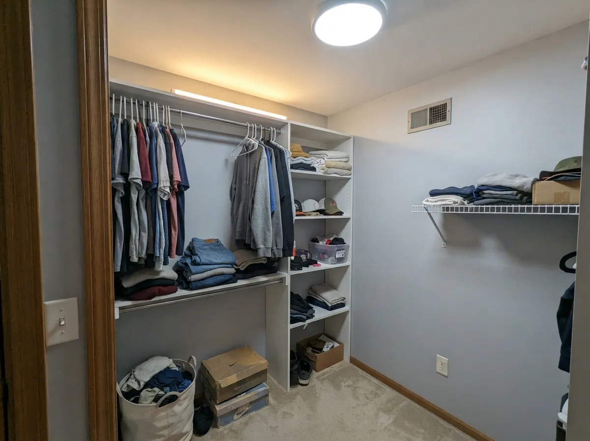 A closet with no window is where it quietly wins: bright LED is exactly its light, and LRV 59 keeps the small room from feeling boxed in.