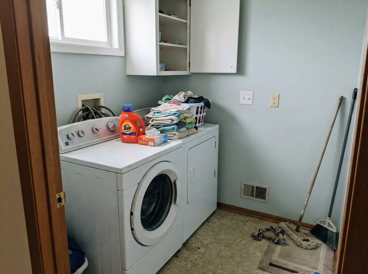 Above a dryer it stays gray instead of yellowing, and it hides the hand marks a white wall would broadcast.