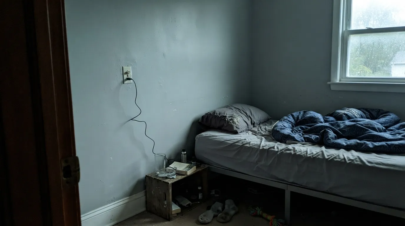 The honest shot: with no warm base to fall back on, a dim north room drains Gray Screen to flat concrete — the dingy complaint, exactly as described.