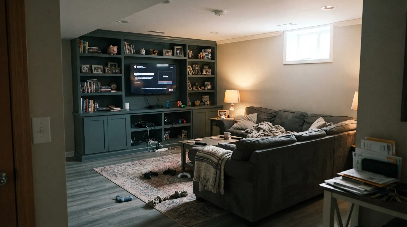 Grays Harbor doing its most useful job — one dark wall and built-ins grounding a basement full of mismatched finishes, with warm lamps and light walls carrying the rest of the room.