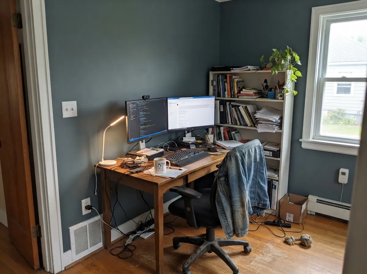 In an office with one real window the blue-gray separates and holds its color — dark walls that read considered on a video call, not cave-like.