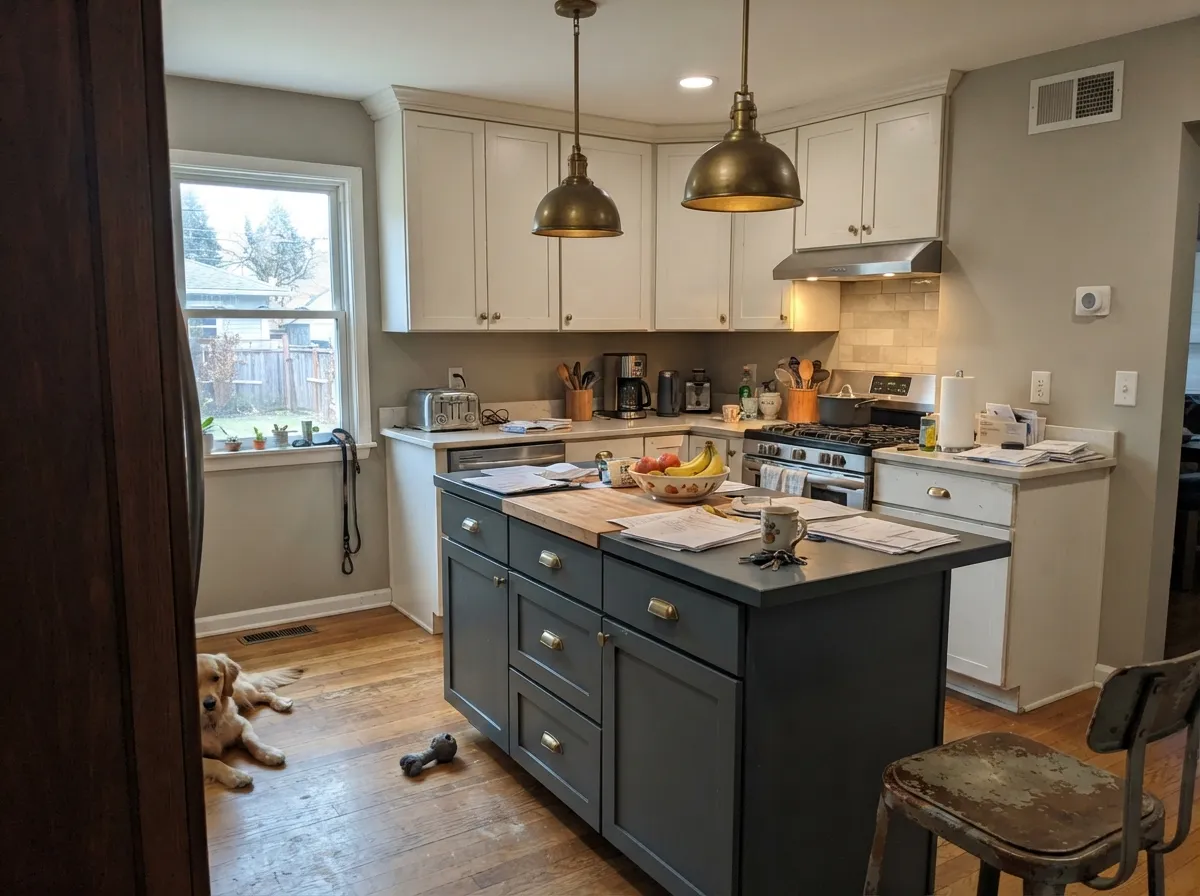 The low-risk way to own it: a Grays Harbor island under warm white cabinets, where brass pulls and warm uppers keep the blue from going cold.