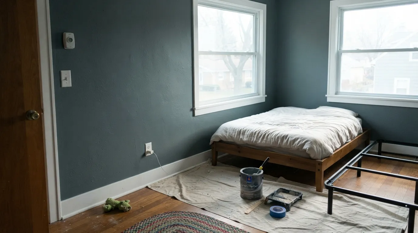 The honest shot: in real daylight next to white trim there is nothing gray about it. The name says Grays Harbor and the wall says blue — the single most common complaint about this color.