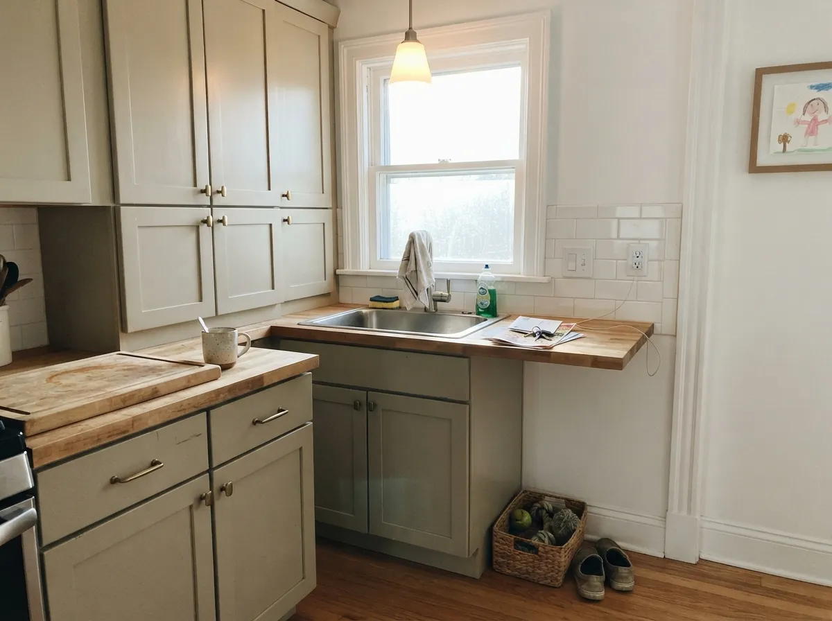 On cabinets with brass and butcher block, the beige side comes forward and it reads as a warmer, greener cousin of the usual greige kitchen.