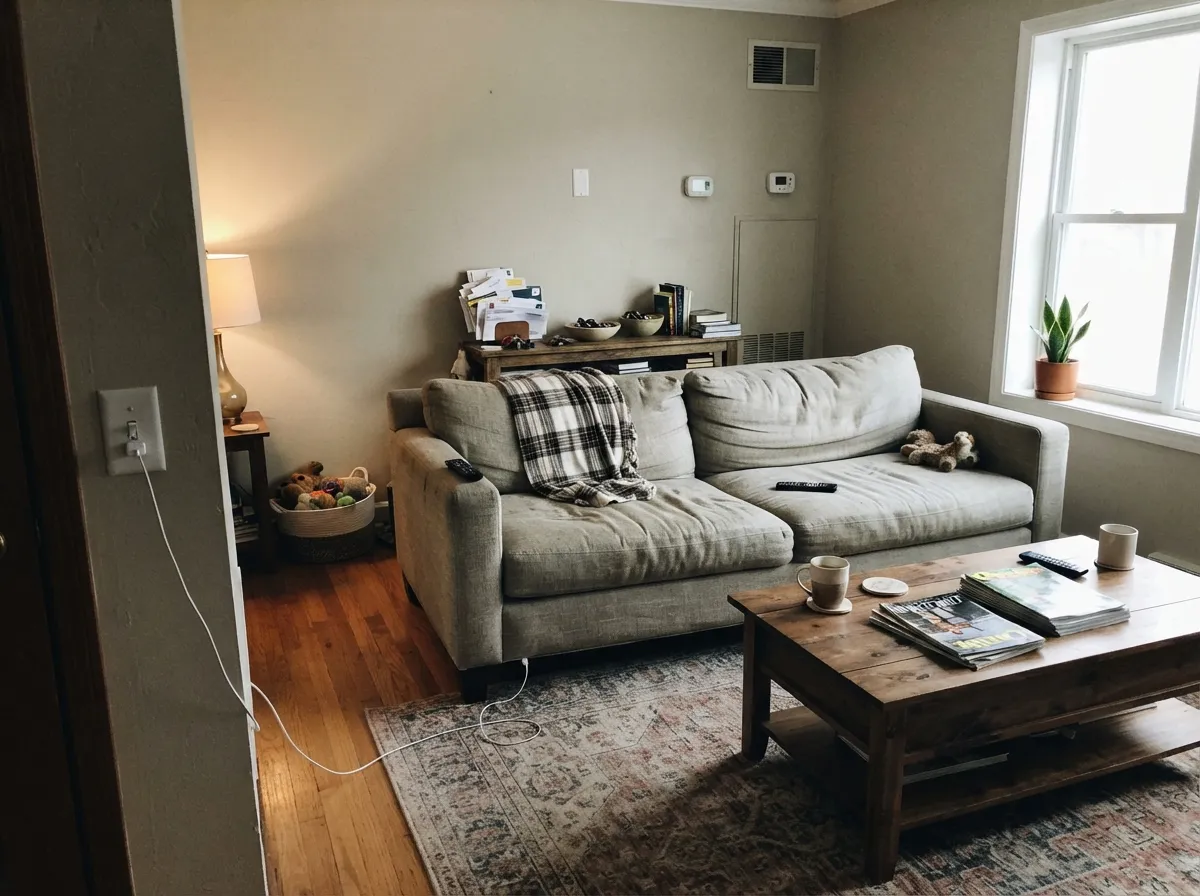 In a bright, sun-filled open-plan room it carries the whole main floor, shifting gently through the day instead of sitting flat.