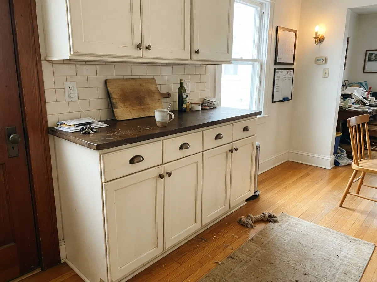 Greek Villa kitchen cabinets in satin with honey oak floors and bronze pulls.