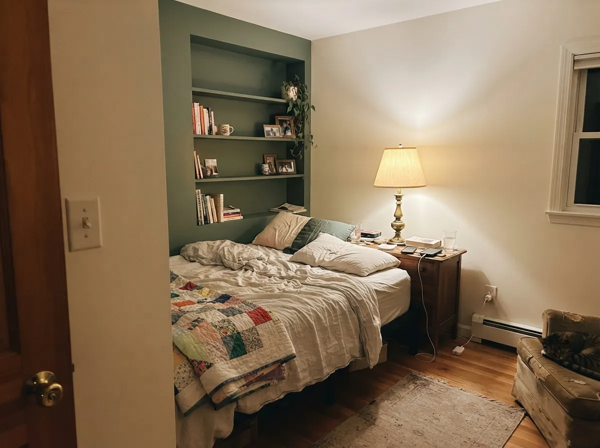 Greek Villa bedroom walls warmed by lamplight, with a muted green accent wall.