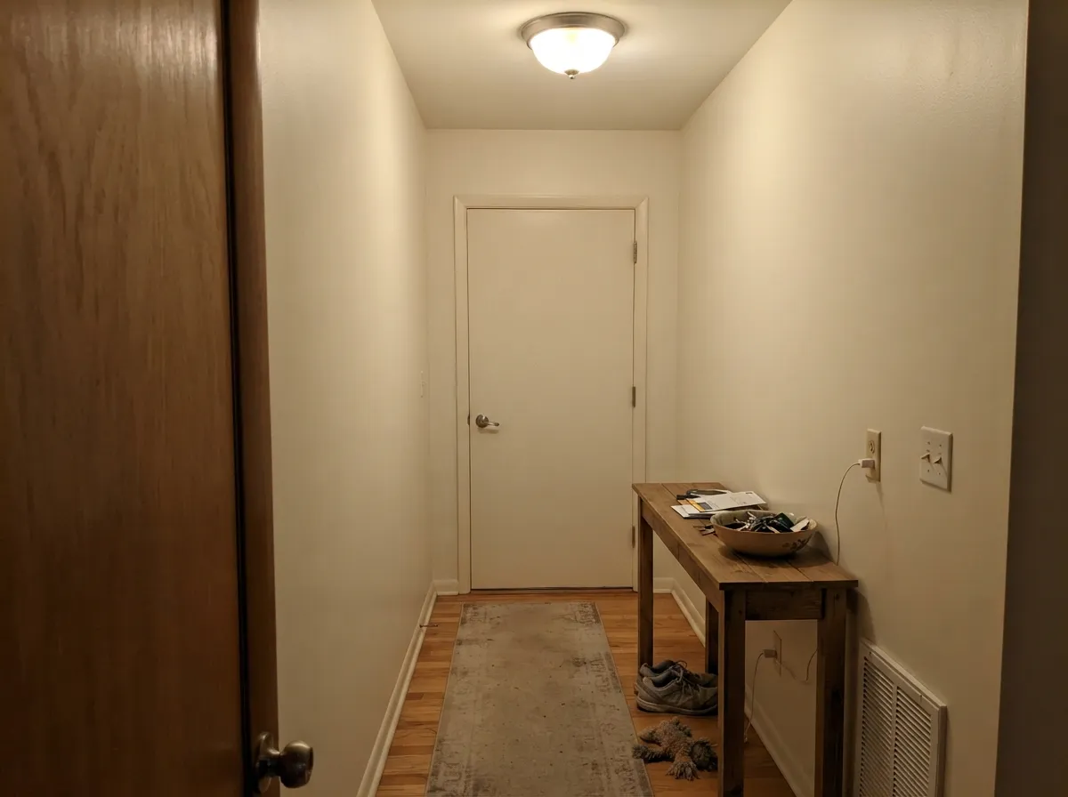 Greek Villa walls and semi-gloss doors in a windowless entry hallway.