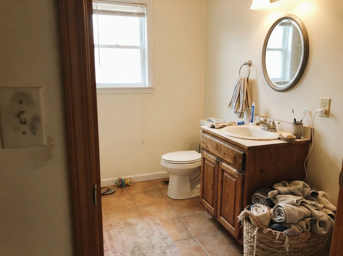 Greek Villa bathroom walls with a wood vanity and warm-toned tile.