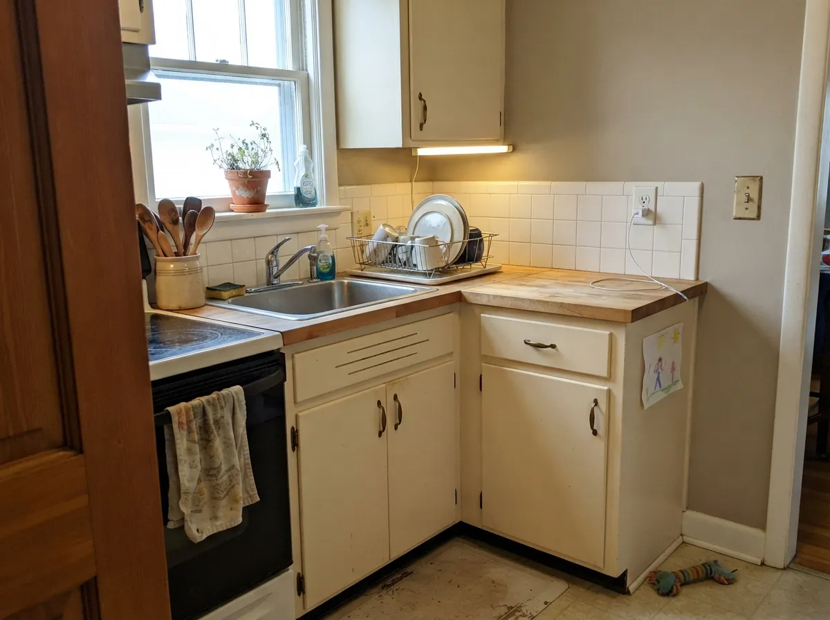 On cabinets in morning light the cream stays soft and reads bright against brass and butcher block.
