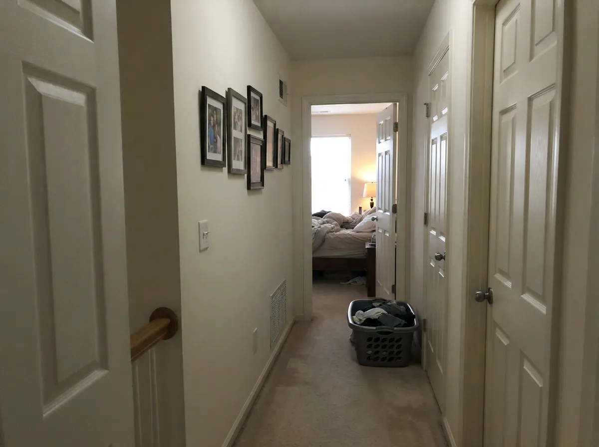 The dark-hallway test: at LRV 84 it still carries light down a windowless hall where softer creams go dull.