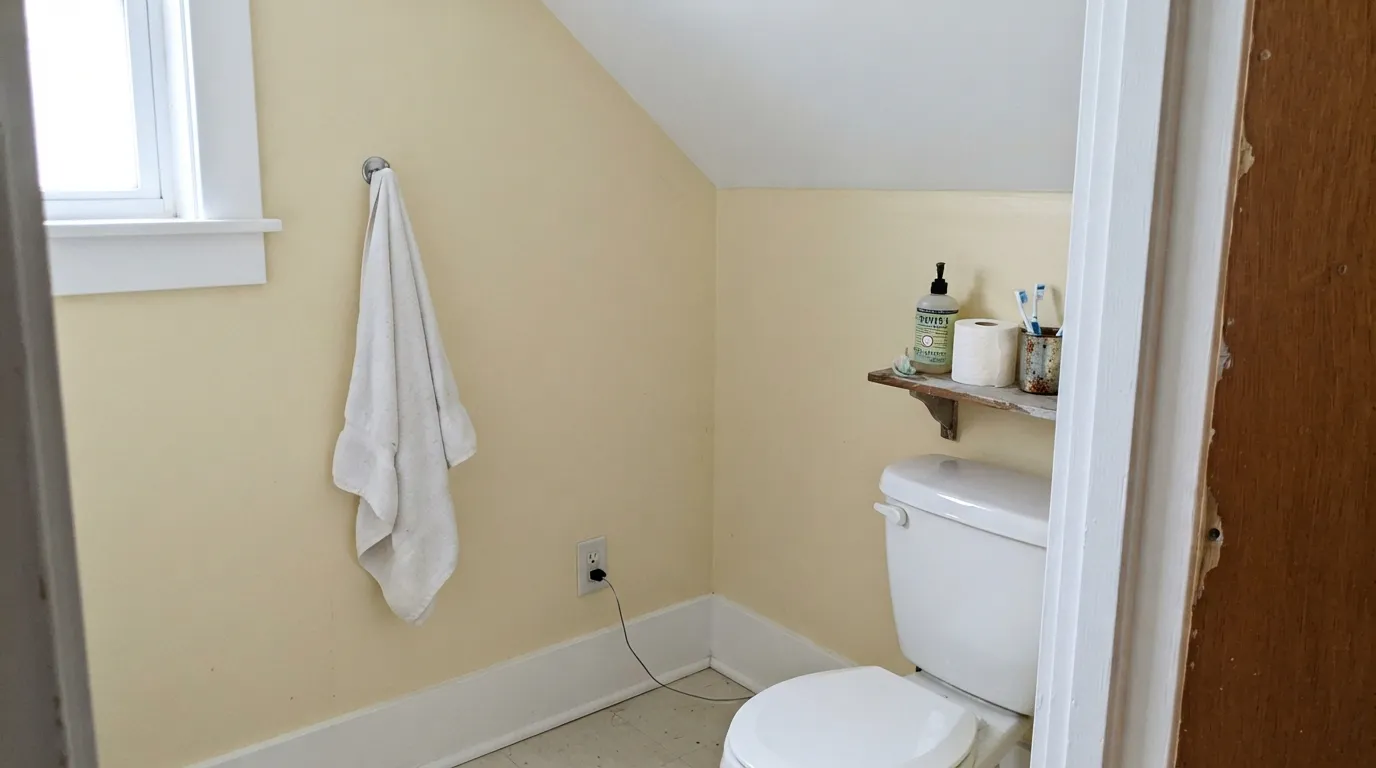 The honest shot: leave the builder-white trim and ceiling in place and Greek Villa turns yellow next to them — the single most common complaint about this color.