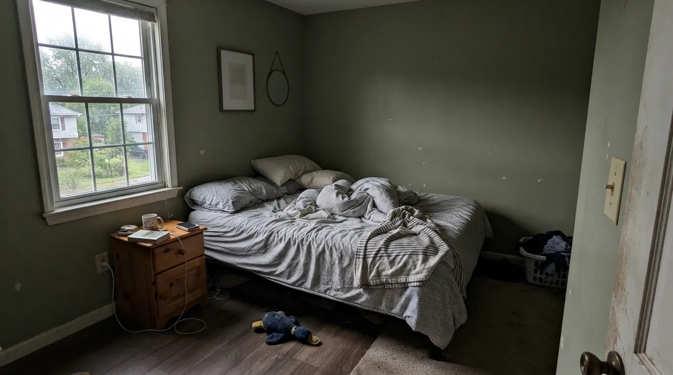 The honest shot: cool north light with no lamps drains the warmth and leaves a muddy olive-gray — the exact situation behind most disappointed reviews.