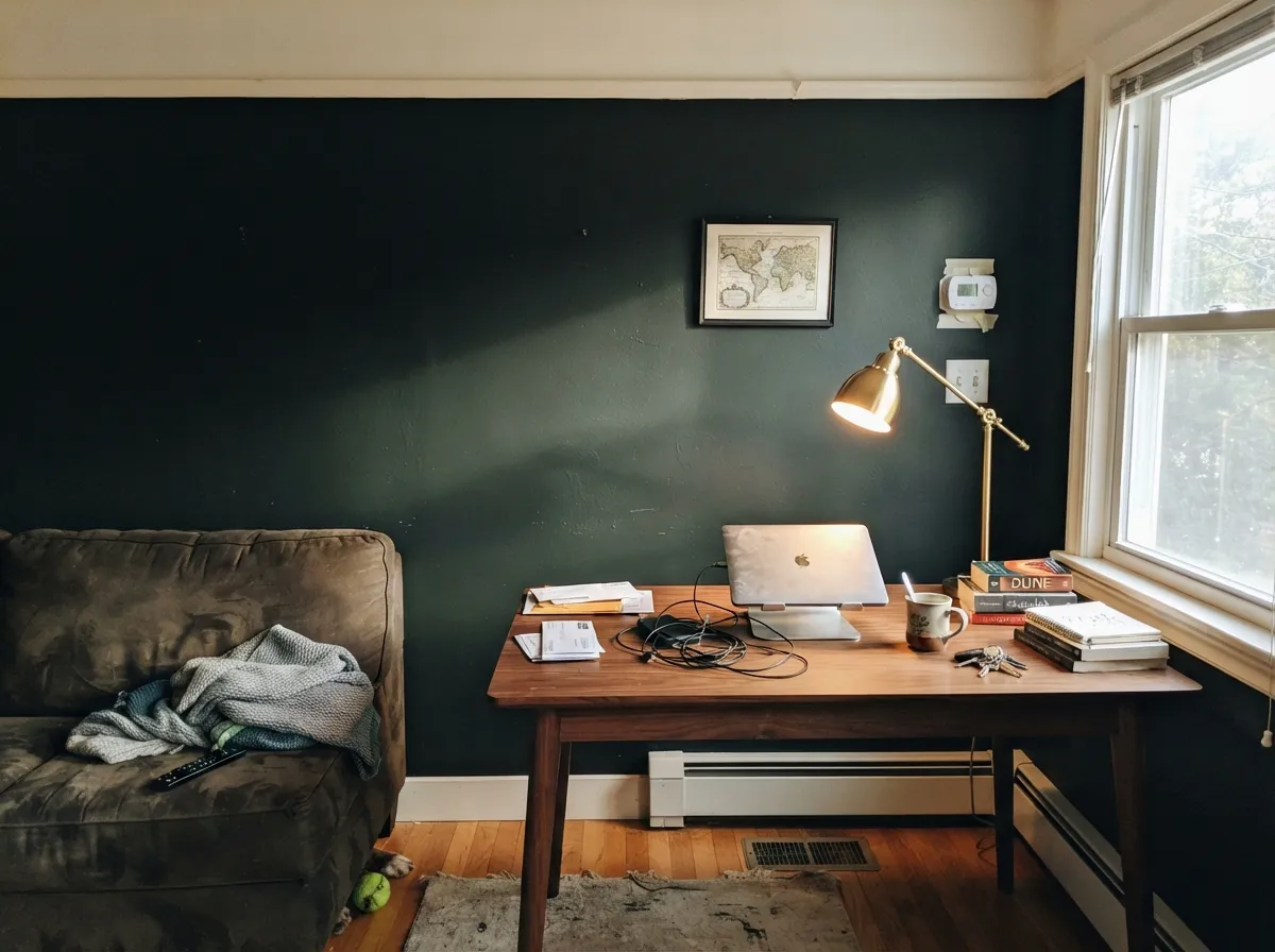 With real daylight and a warm lamp, the wall reads as a deliberate smoky near-black — the green only shows as depth, not as color.