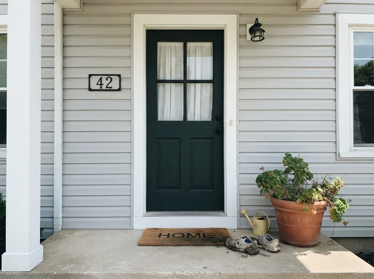 In full sun the color settles closer to true black — a confident, low-drama front door.
