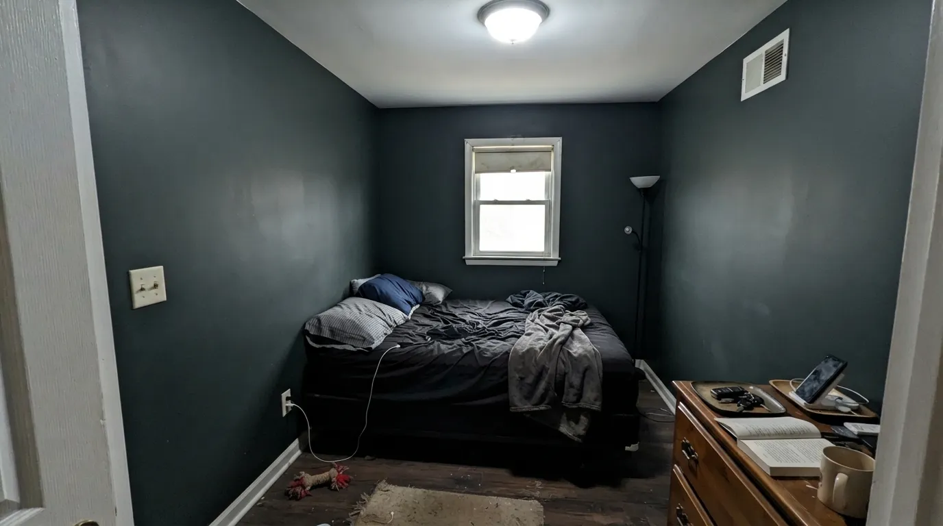 The honest shot: a small room, all four walls, cool LEDs and no warm lamps. The green reads cold instead of rich, and the room shrinks instead of feeling deliberate.