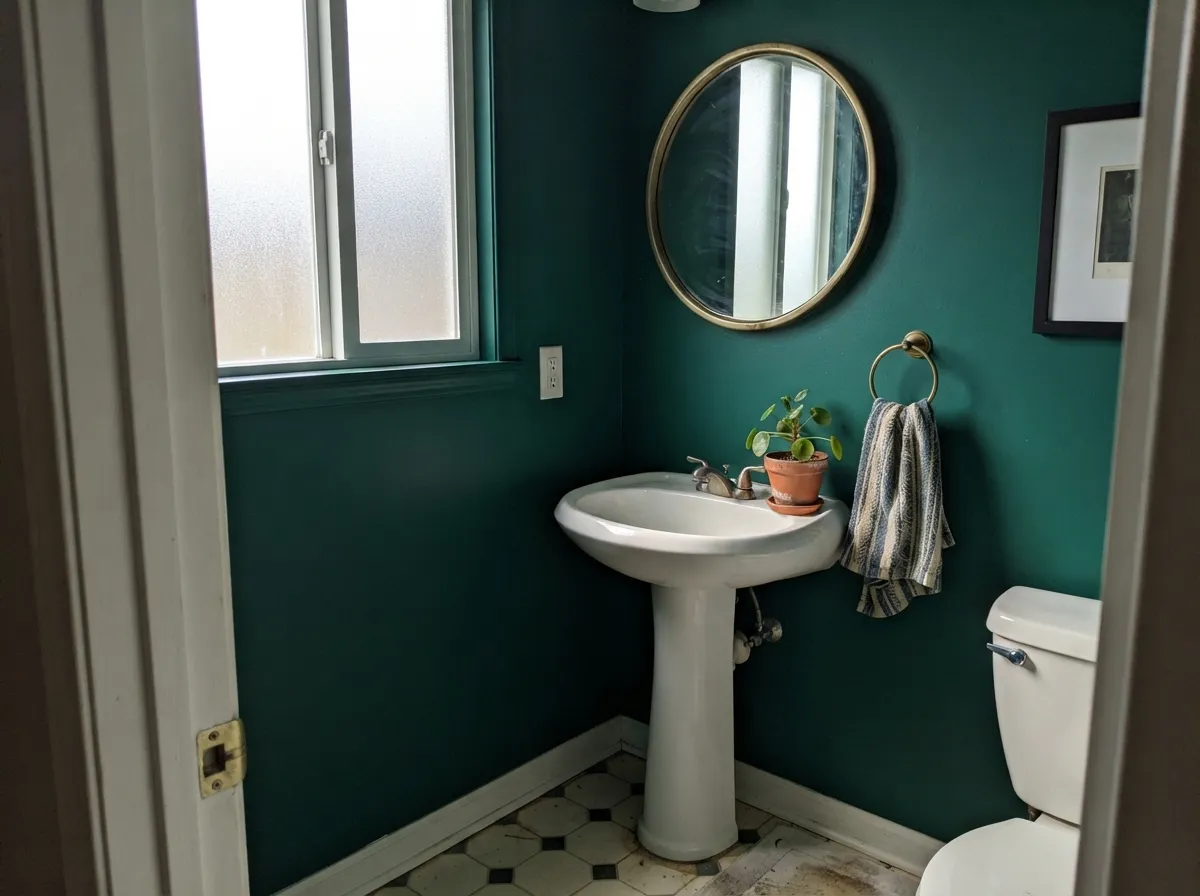 Drenched in a small powder room, the depth reads intentional instead of cramped — brass and a warm white trim keep it from going flat.