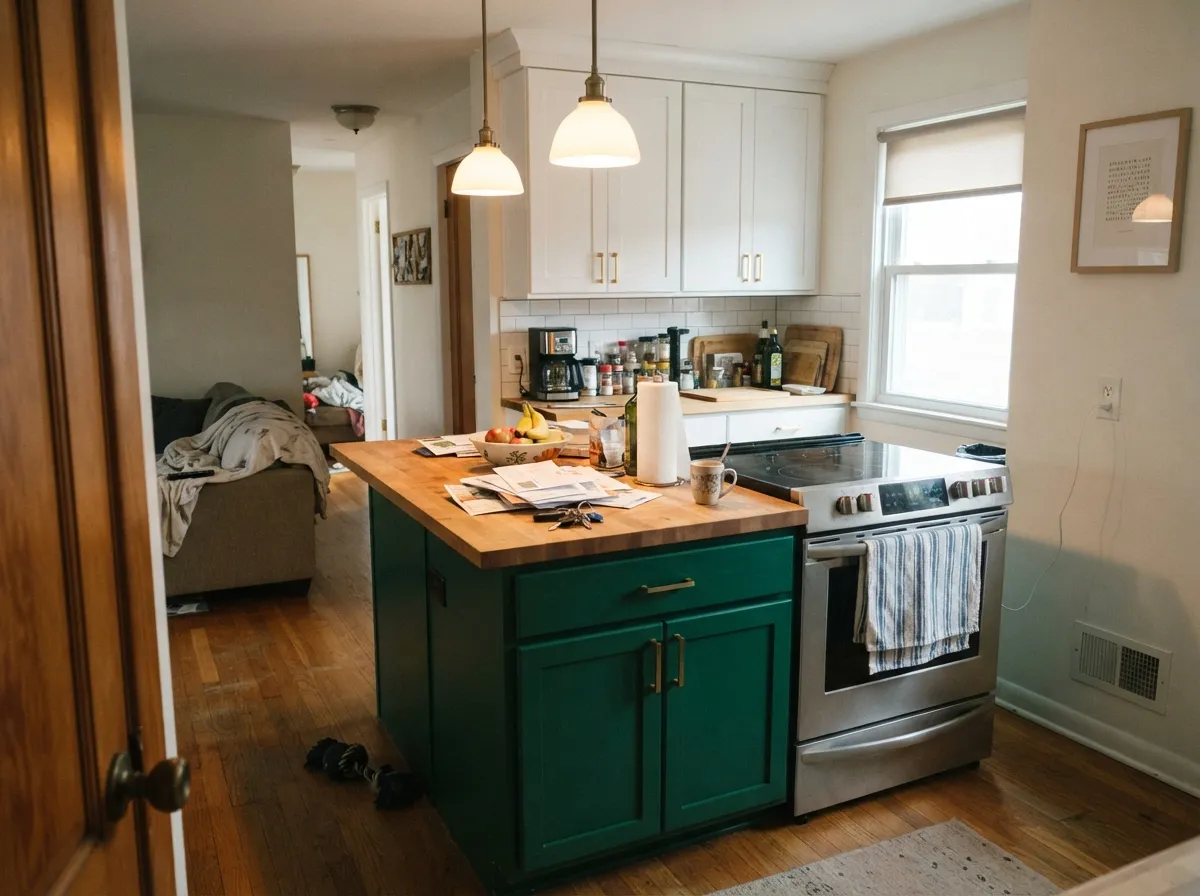 On an island against white uppers and butcher block, it's a genuine showstopper — this is where most kitchens should stop, not the whole room.