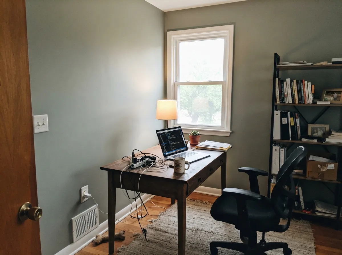 With walnut and real daylight it grounds a small room without going dark.