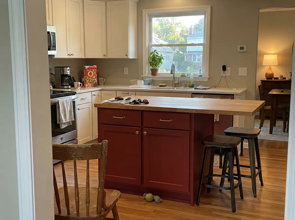 Kept to the island under warm white cabinets, the red reads confident instead of loud — the low-risk way to own a red kitchen.