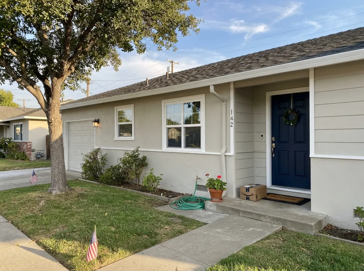 On a stucco exterior with a dark door, Heron Plume reads settled and considered rather than undecided — one of its strongest jobs.