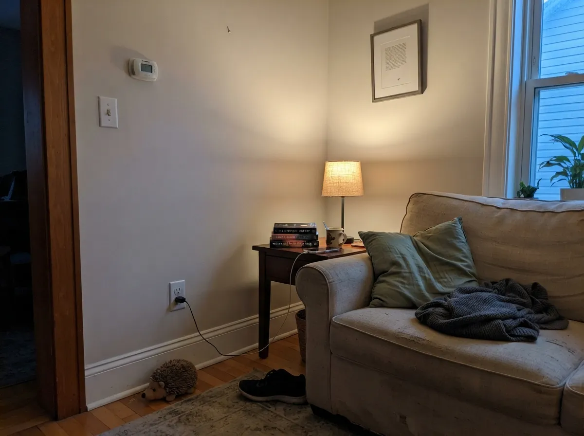 Under a warm lamp next to muted sage, the taupe in Heron Plume comes forward and the room reads calm, not gray.