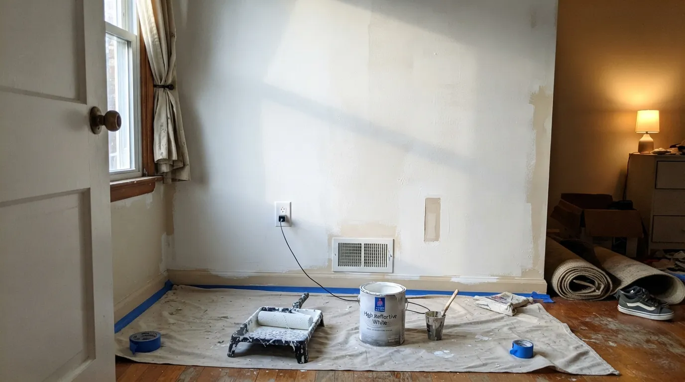 The honest shot: two coats over beige and the old wall is still showing. There is almost no pigment in this white, so three coats and a tinted primer are the normal cost of getting it.