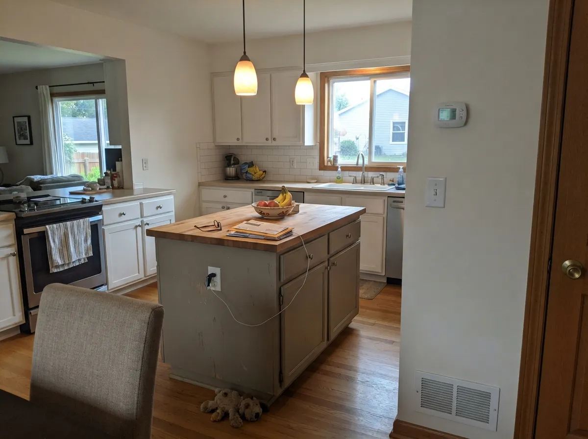 On an island against a lighter perimeter it reads as grounded, furniture-like greige — one of the uses Sherwin-Williams lists it for directly.