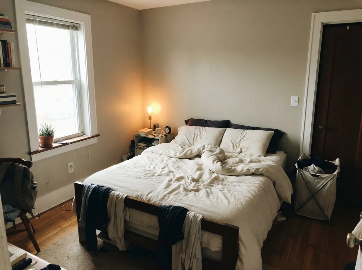 In a warm-lit bedroom it stays restful rather than dramatic — calm greige, not a mood color.
