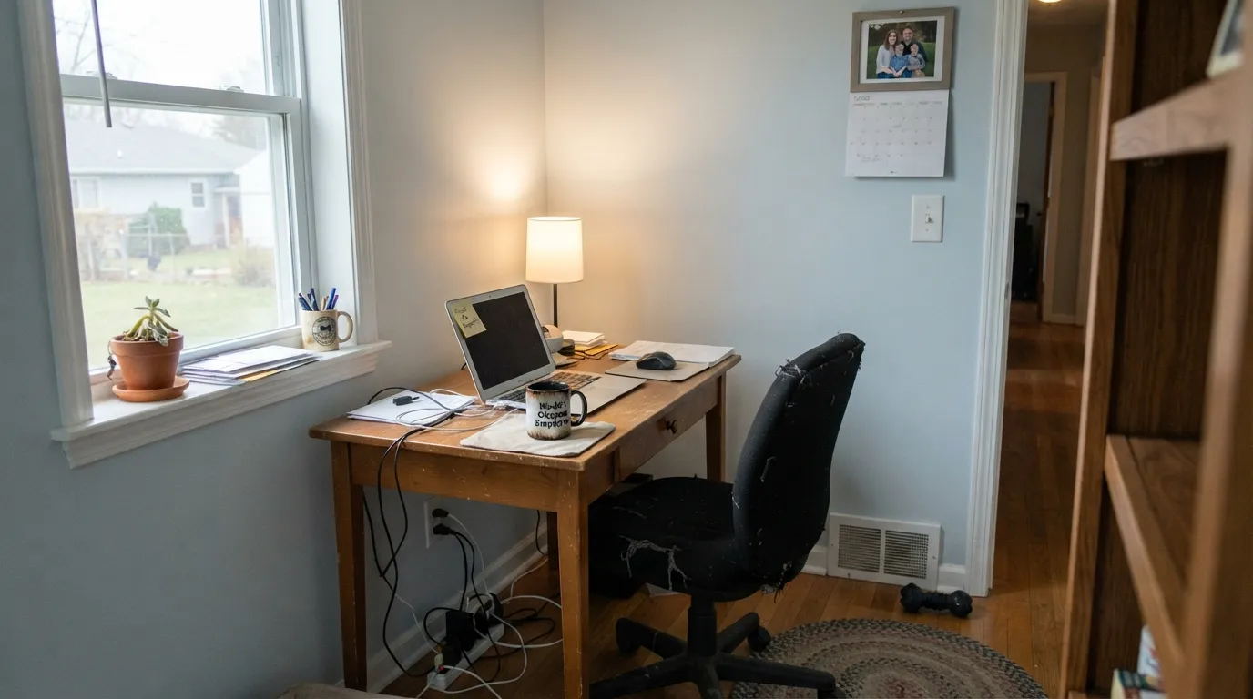 Hinting Blue in the room it was built for — a calm home office in bright indirect daylight, a barely-there cool blue-gray against crisp white trim.