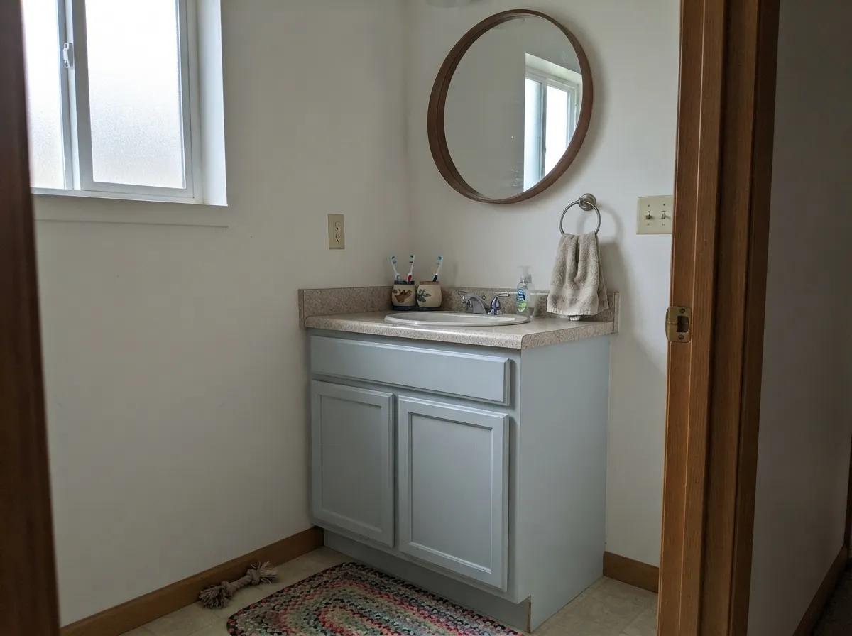 On a vanity under warm-white walls it reads as a deliberate, spa-quiet color choice, not an accident.